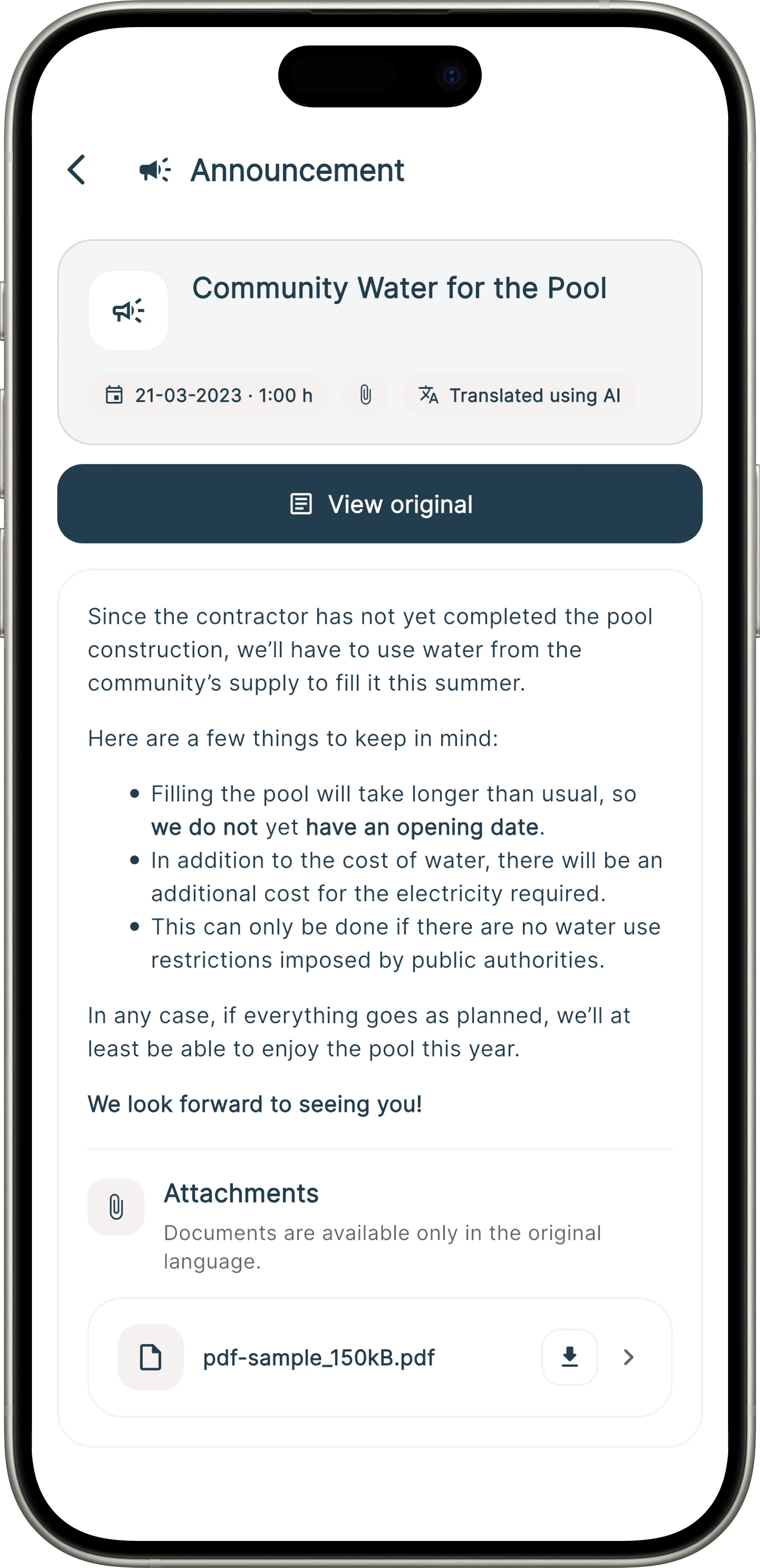 Automatically translated announcement in the Onzane app