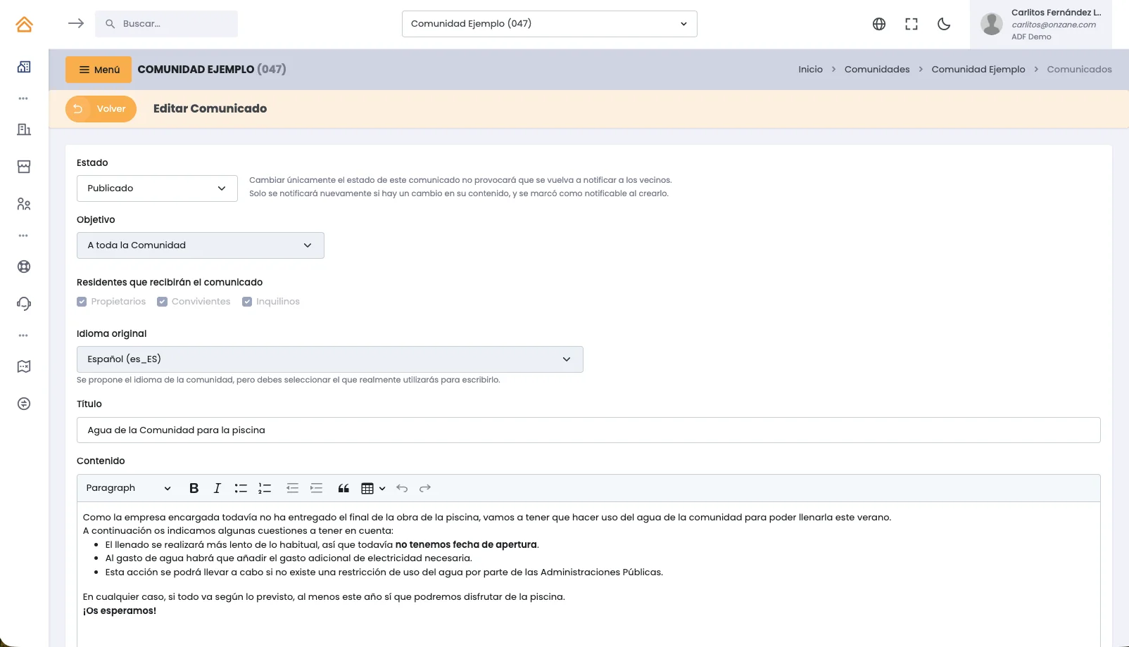 Editor para crear un nuevo comunicado en el panel de Onzane