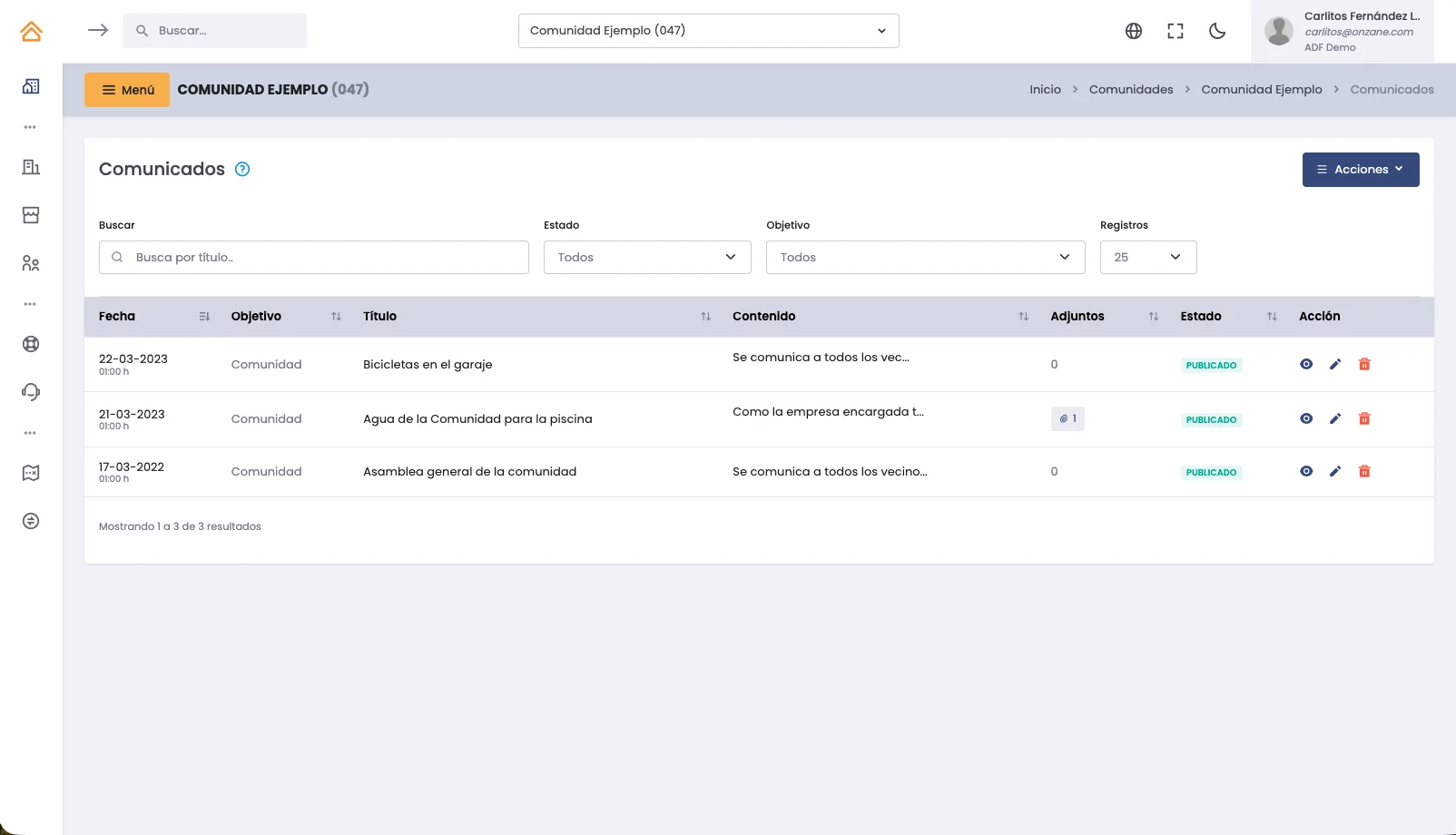 Published announcements in the Onzane panel