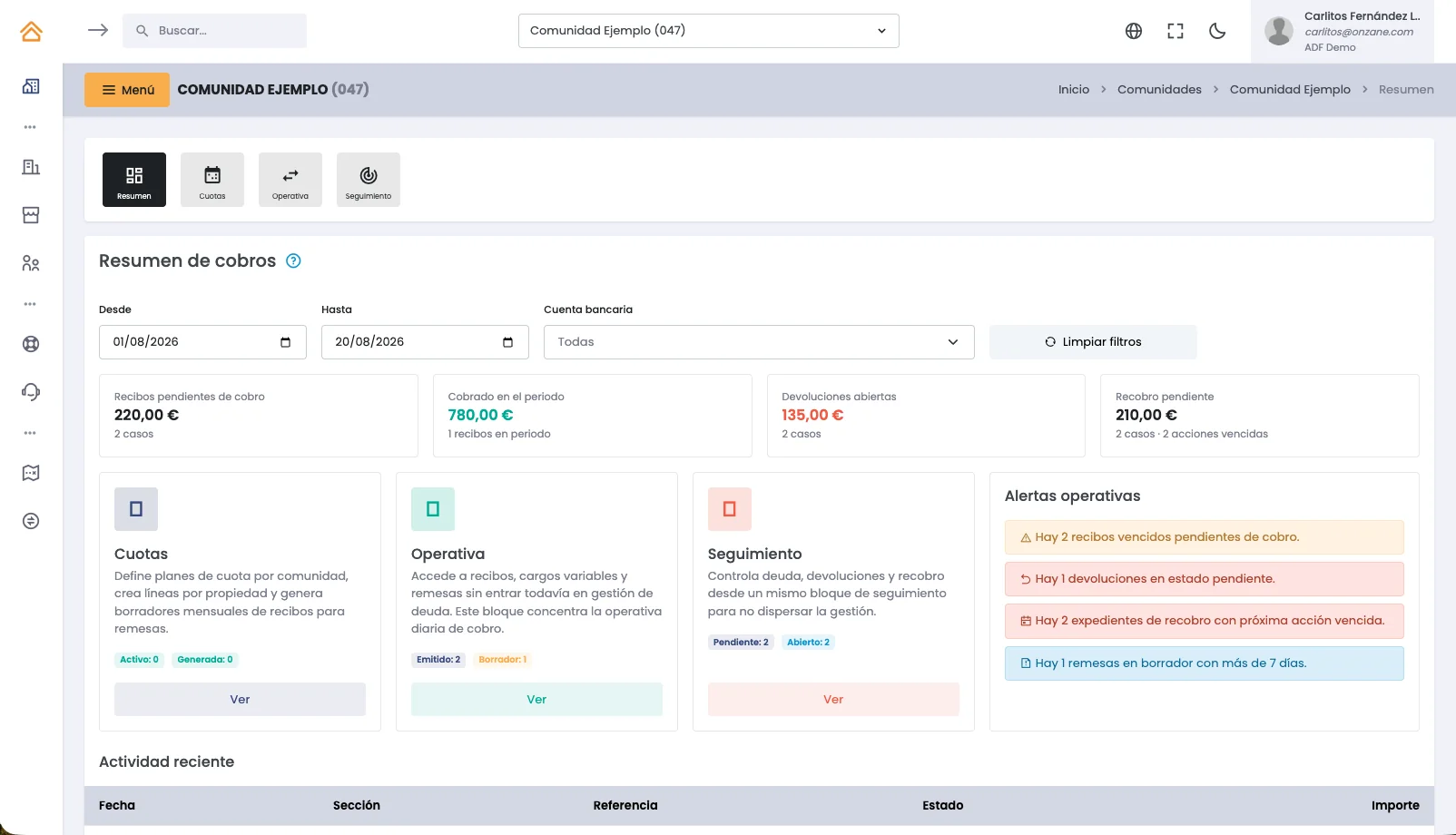 Top-up report in the Onzane management panel