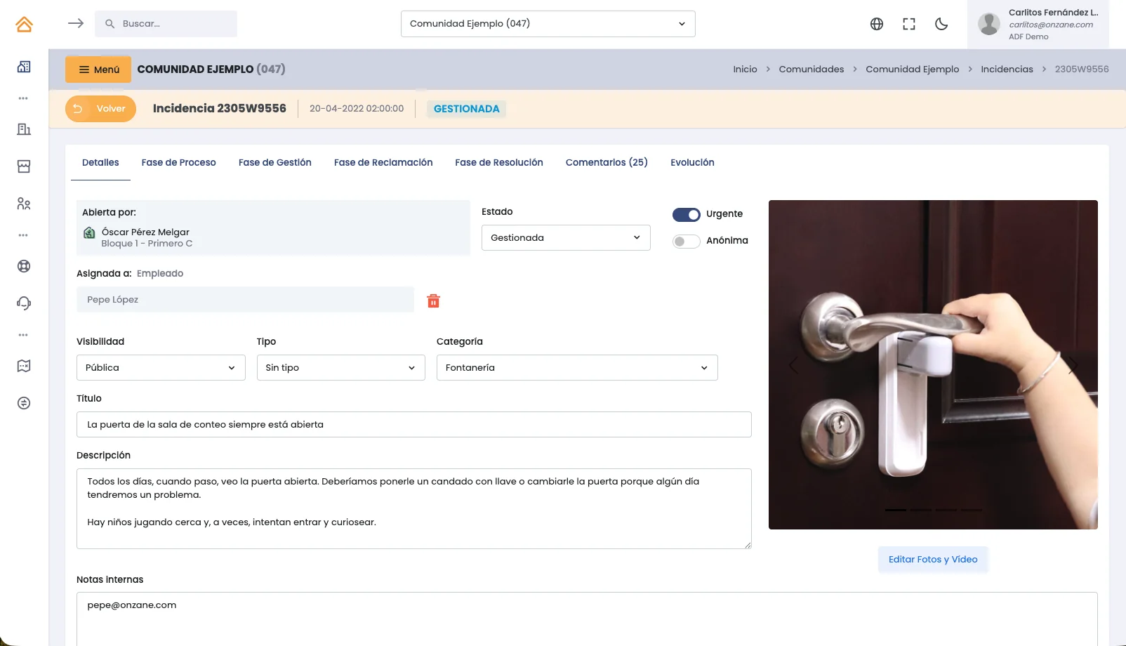Editing and following an incident in the Onzane management panel