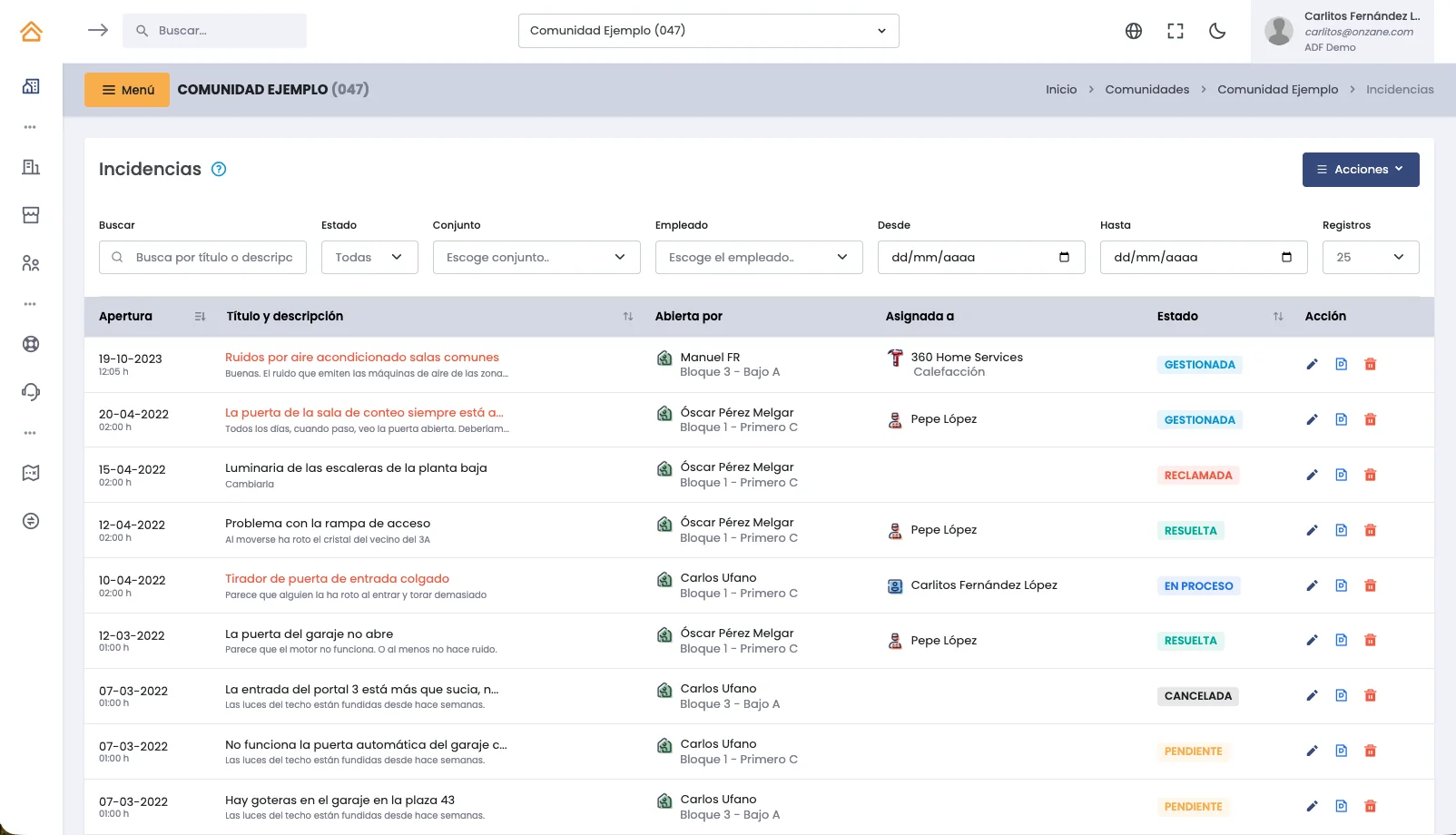 Incident list in the Onzane management panel