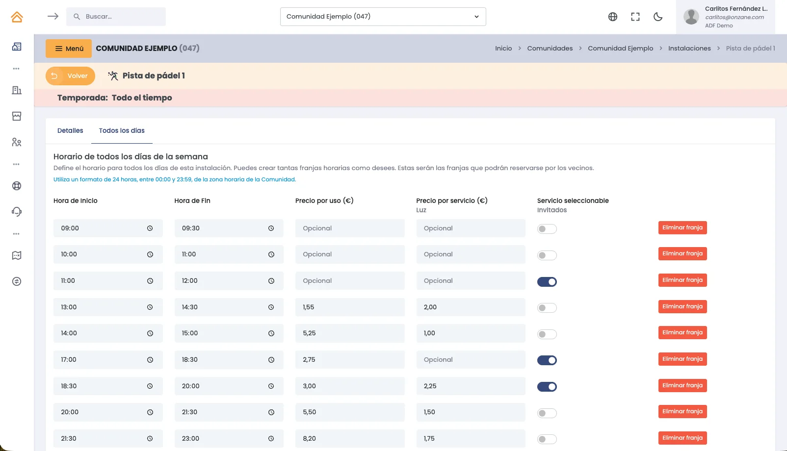 Facility schedule configuration in the Onzane panel