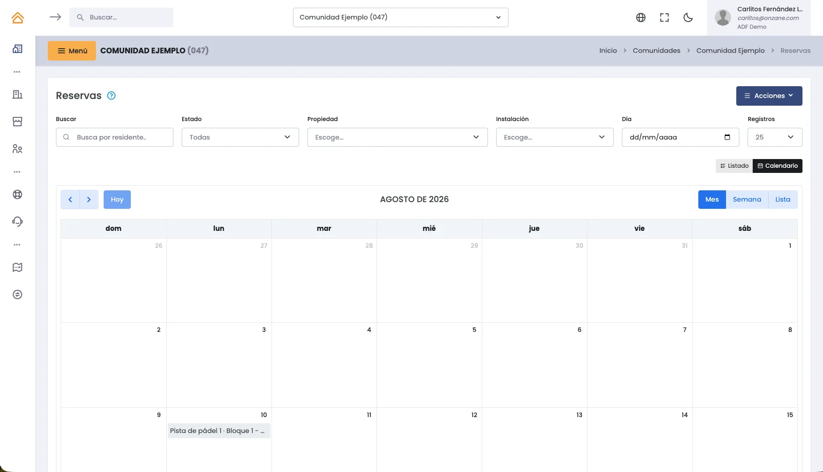 Sports booking details in the Onzane panel