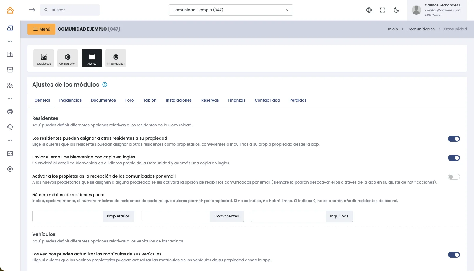 Payment settings in the Onzane management panel