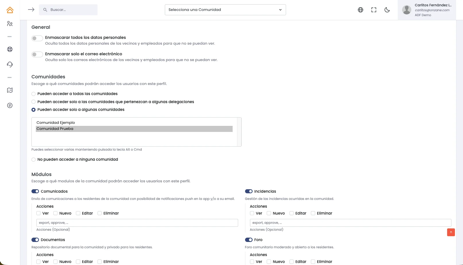 Ejemplo conceptual de perfiles y áreas de administración