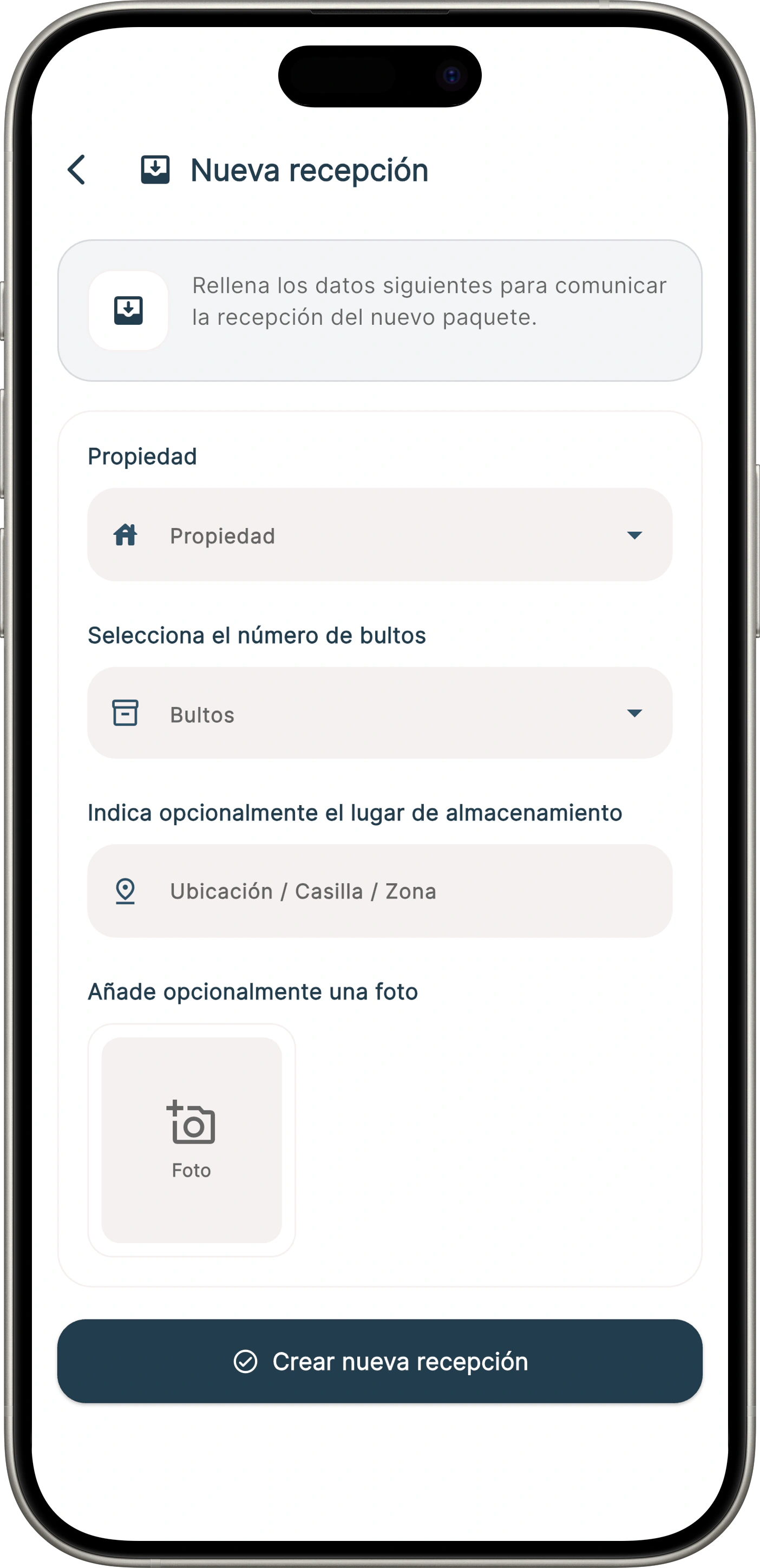 Pantalla de recepción de paquete en Onzane Staff