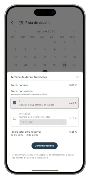 Selección de servicios en una reserva