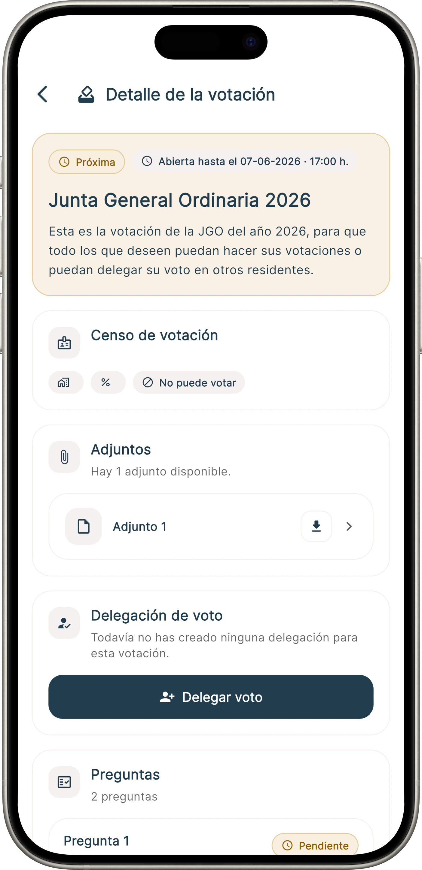 Proxy voting screen in the app