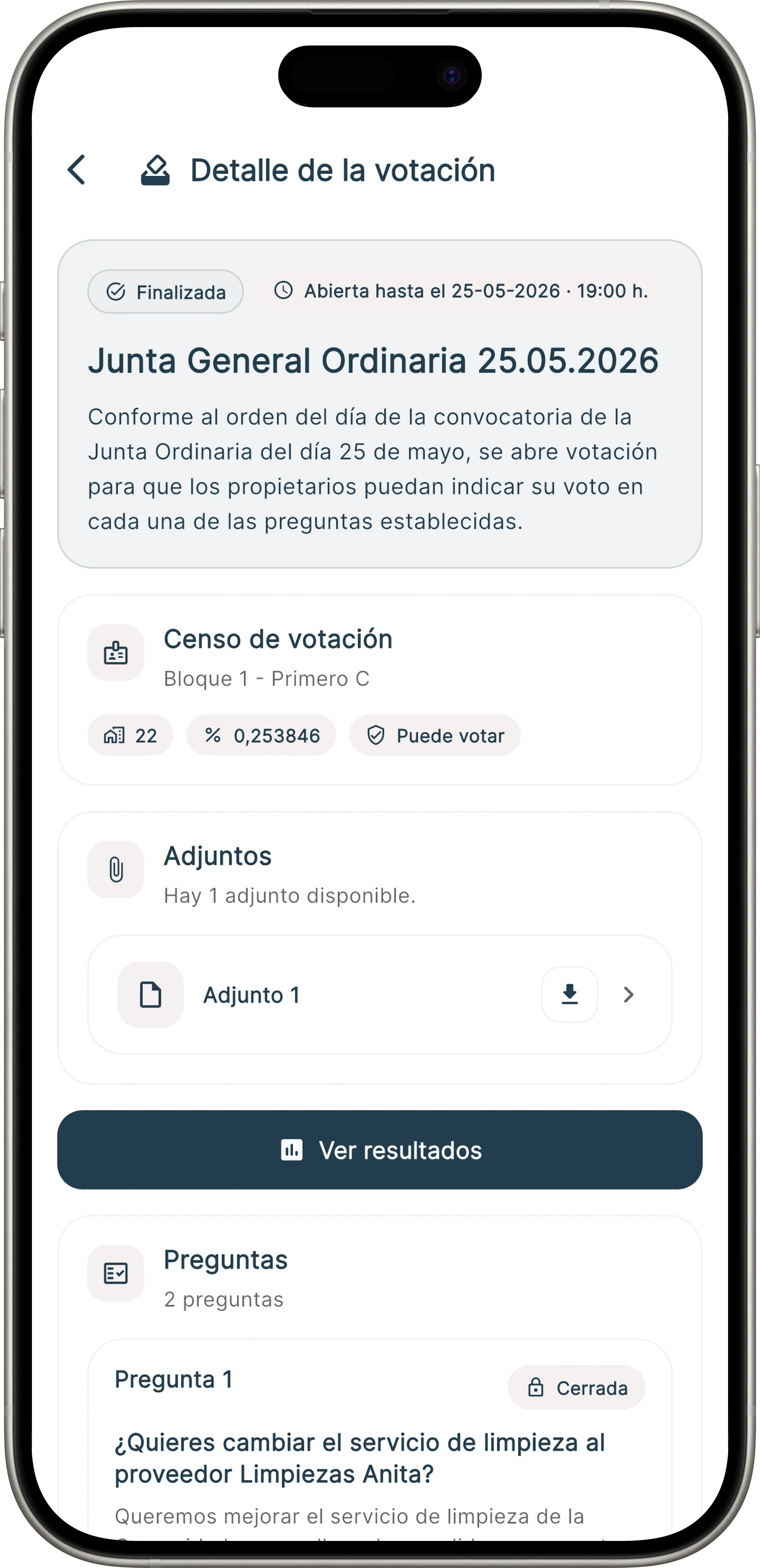 Pantalla de votaciones online para comunidades