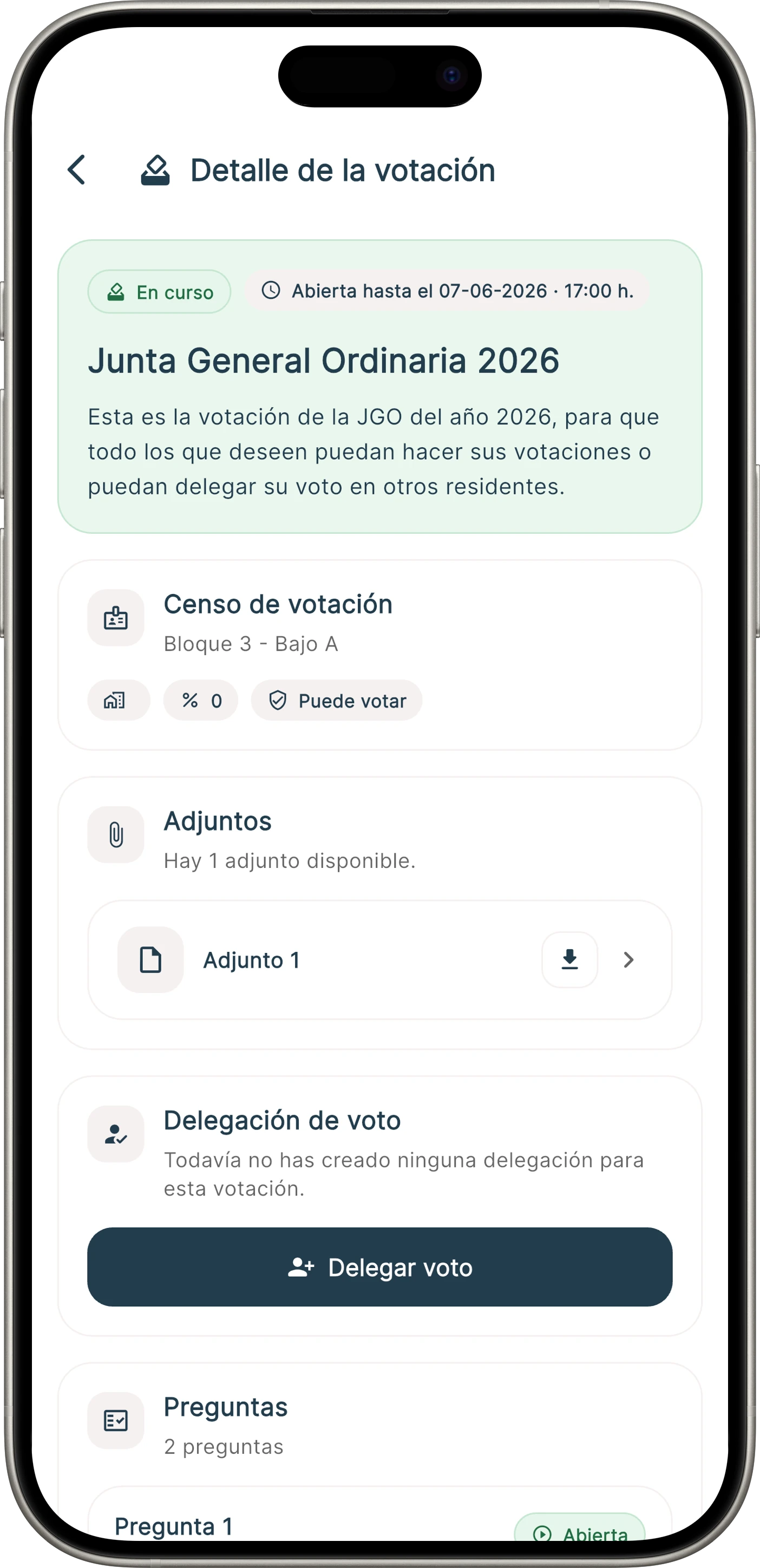 Detail of an active vote in the app